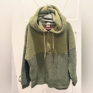 PINK Victoria’s Secret Olive Sherpa Half Zip Hoodie Medium Cozy Fleece